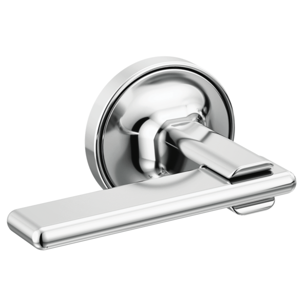 Chrome wall-mount tub filler with two lever handles and spout against white background.