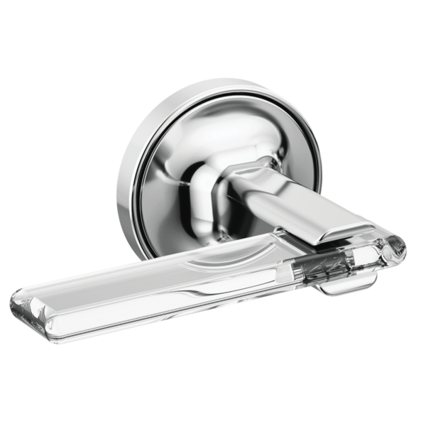 Chrome wall-mount tub filler with two clear acrylic lever handles and round escutcheon plate.