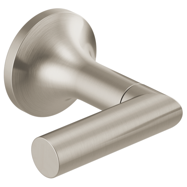 Brushed nickel wall-mounted tub filler with curved spout and single lever handle.