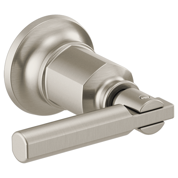 Brushed nickel wall-mount tub filler with cylindrical body and single lever handle.