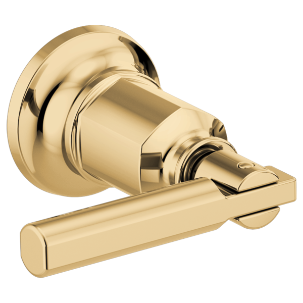 Polished brass wall-mount tub filler with cylindrical body and single lever handle.
