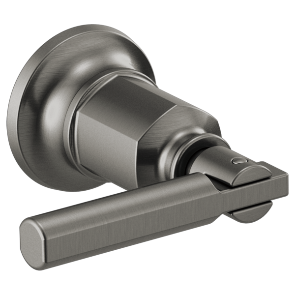 Brushed nickel wall-mount tub filler with cylindrical body and single lever handle extending from the side.
