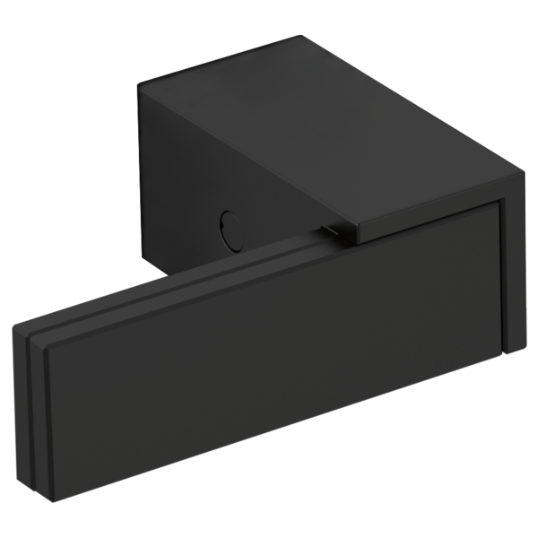 Black wall-mounted tub filler with two lever handles and angular geometric design.