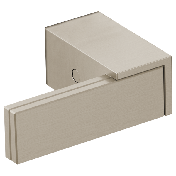 Brushed nickel wall-mounted tub filler with two lever handles and horizontal spout configuration.
