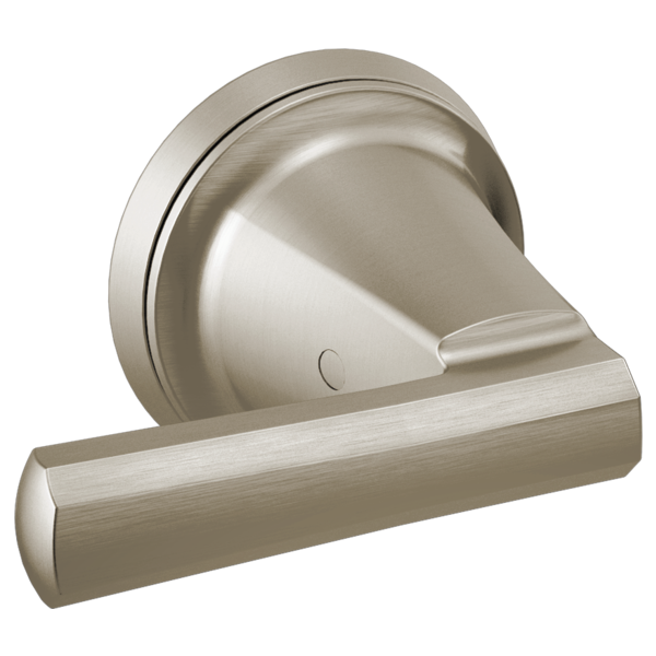 Brushed nickel wall-mounted tub filler with round escutcheon and single lever handle.