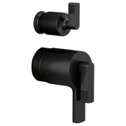 Matte black thermostatic diverter trim with cylindrical body and rectangular lever handles shown in two mounting angles.