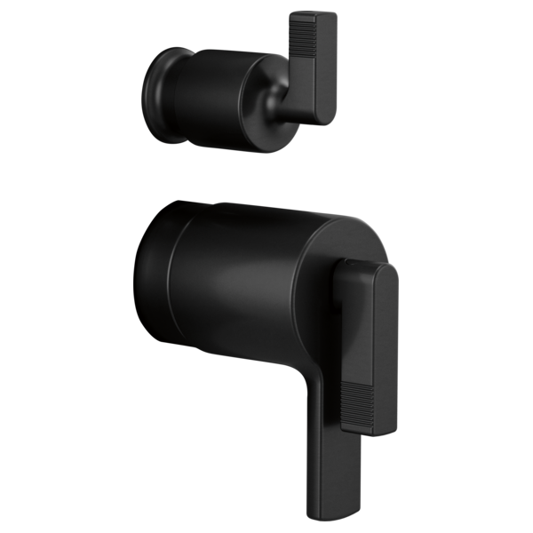 Matte black thermostatic diverter trim with cylindrical body and rectangular lever handles shown in two mounting angles.