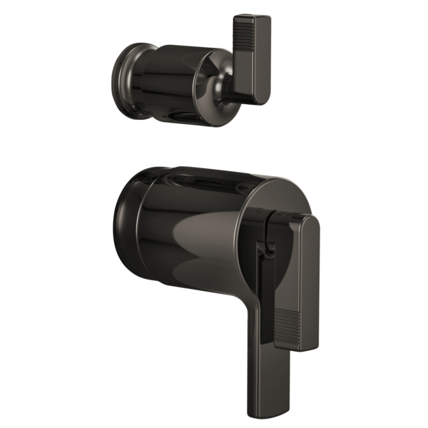 Black thermostatic valve with integrated diverter and lever handle trim in two viewing angles.