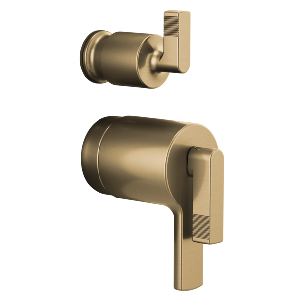 Brushed gold thermostatic valve trim with lever handles and integrated diverter in two components.
