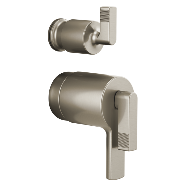 Brushed nickel thermostatic valve trim with integrated diverter and rectangular lever handles shown in two views.