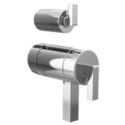 Polished chrome thermostatic valve trim with cylindrical body and rectangular lever handles in two configurations.