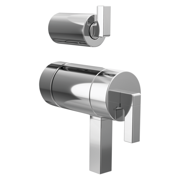 Polished chrome thermostatic valve trim with cylindrical body and rectangular lever handles in two configurations.