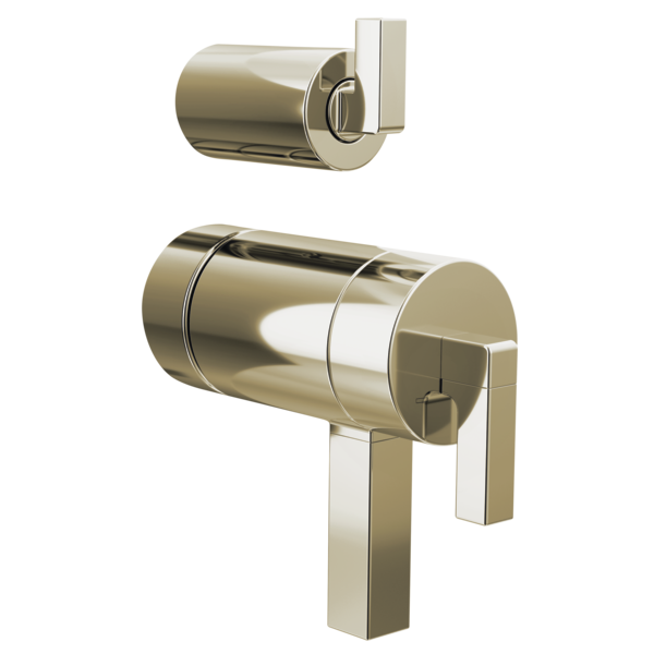 Polished nickel thermostatic valve trim with lever handles and integrated diverter in cylindrical design.