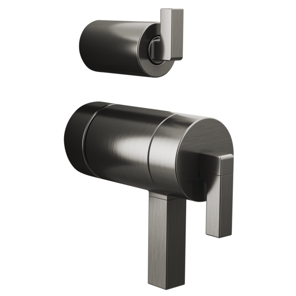 Two stainless steel thermostatic shower valve components with rectangular lever handles in brushed finish.