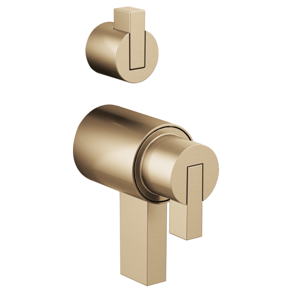 Champagne bronze thermostatic valve with rectangular lever handles and diverter control in cylindrical and angular design.