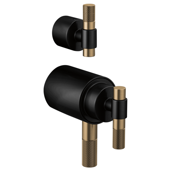 Matte black thermostatic valve with luxe gold accents and knurled handles, shown in two mounting configurations.