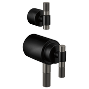 Matte black and steel thermostatic valve trim with T-lever handles and textured grip surfaces.