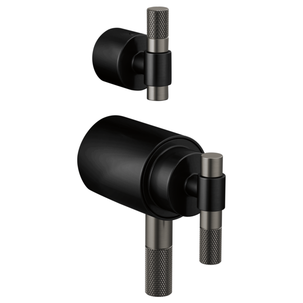 Matte black and steel thermostatic valve trim with T-lever handles and textured grip surfaces.
