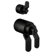 Matte black thermostatic valve trim with industrial lever handles and diverter control in two components.