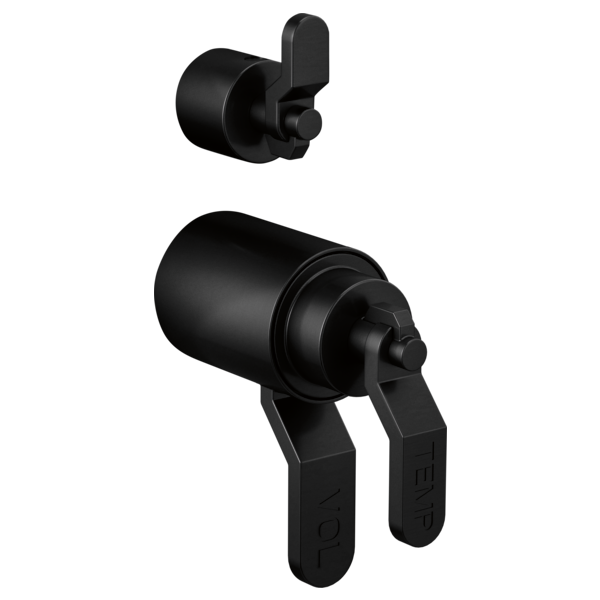 Matte black thermostatic valve trim with industrial lever handles and diverter control in two components.