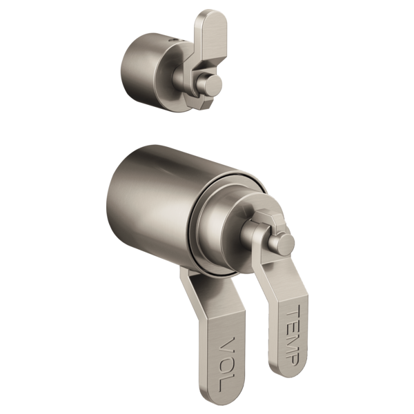 Brushed nickel thermostatic valve with dual industrial lever handles and integrated diverter control.