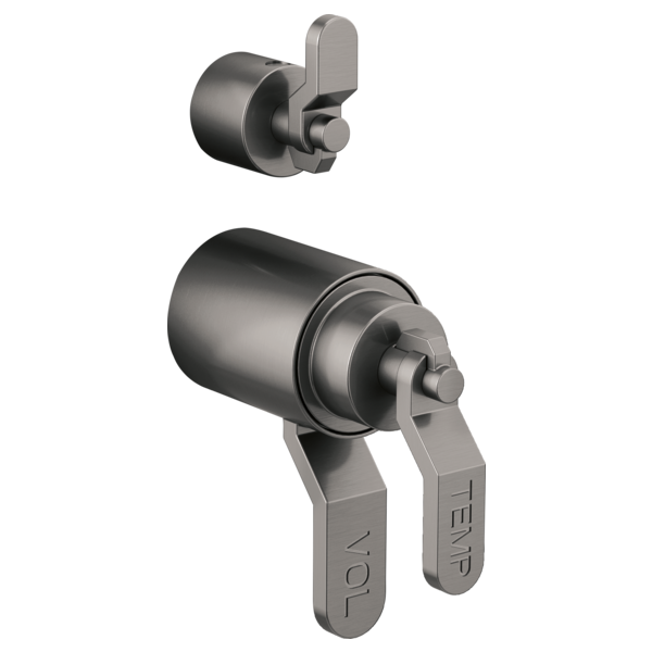 Gunmetal gray thermostatic valve with integrated diverter and two industrial lever handles shown from front and side angles.