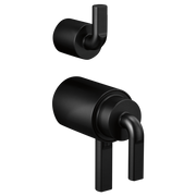 Matte black thermostatic valve with diverter trim and notch lever handles for shower installation.
