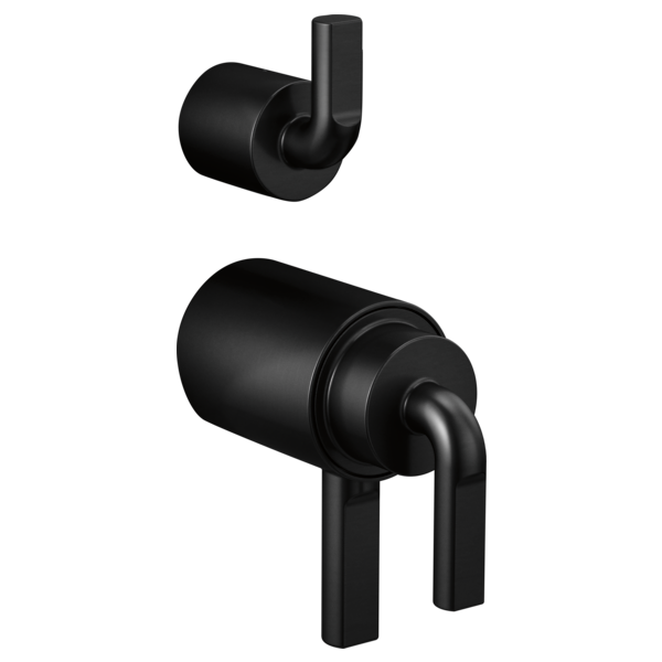 Matte black thermostatic valve with diverter trim and notch lever handles for shower installation.