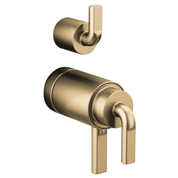 Brass thermostatic valve with rectangular notch lever handles and integrated diverter shown in two assembly views.