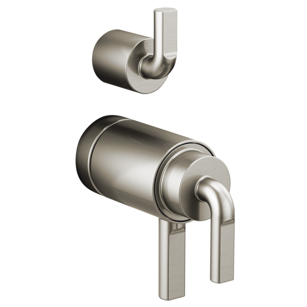 Brushed nickel thermostatic valve with notch lever handles and integrated diverter, shown in two views.