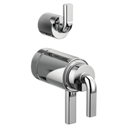 Chrome thermostatic valve with notch lever handle and diverter, shown in two component views.