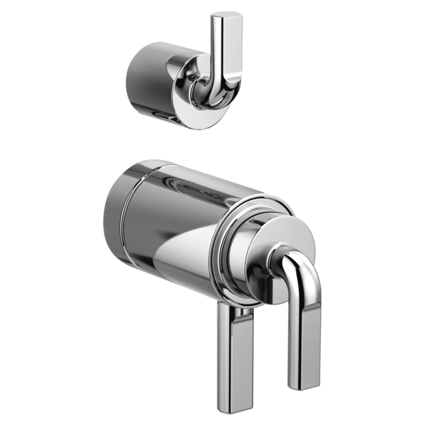 Chrome thermostatic valve with notch lever handle and diverter, shown in two component views.