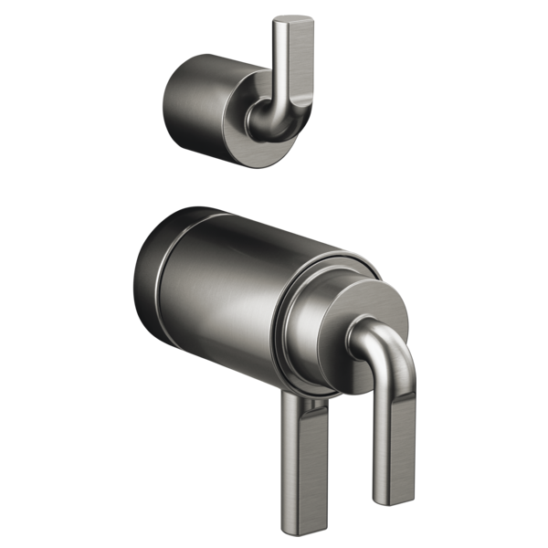 Stainless steel thermostatic valve with notch lever handle and diverter control in brushed nickel finish.