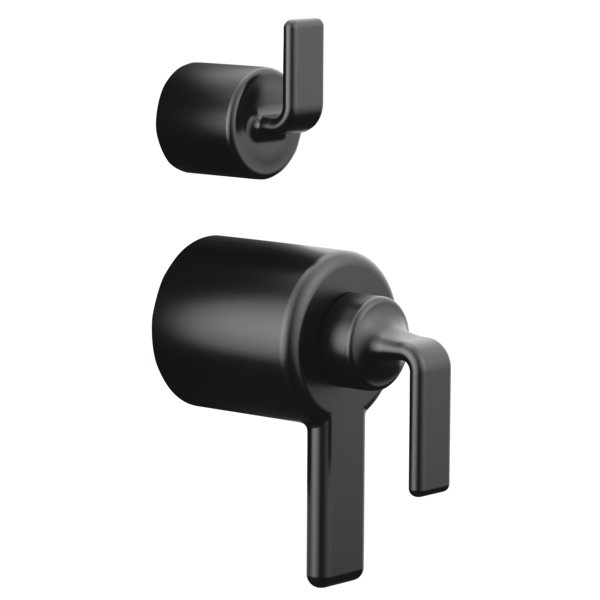 Matte black thermostatic valve trim with twist lever handles and diverter control.
