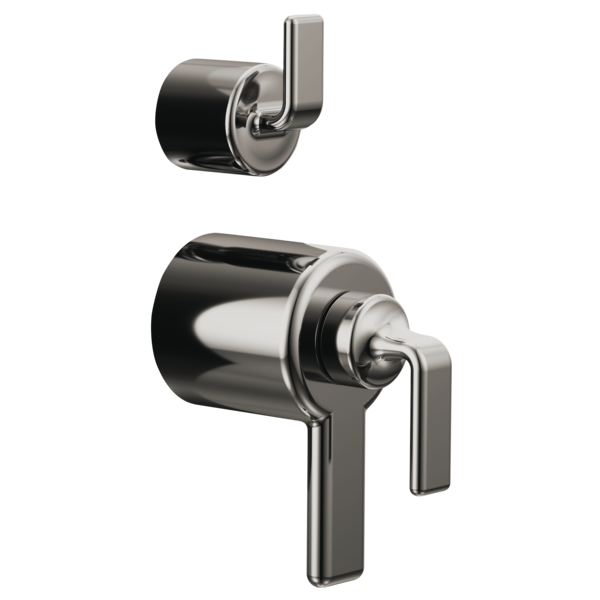 Chrome and black thermostatic valve trim with twist lever handles, shown in two configurations.