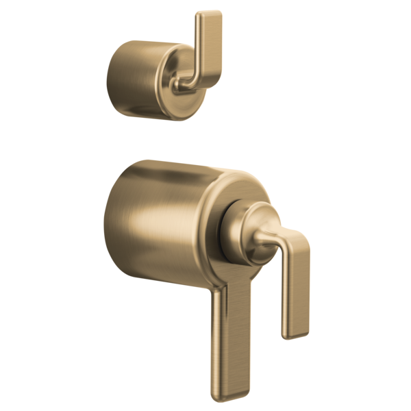 Brushed gold thermostatic valve trim with integrated diverter and twist lever handles.