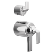 Chrome thermostatic valve trim with twist lever handles and diverter component for shower installation.