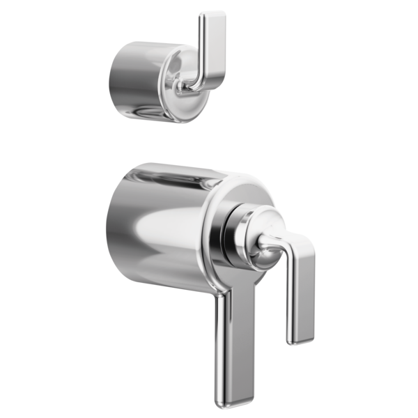 Chrome thermostatic valve trim with twist lever handles and diverter component for shower installation.