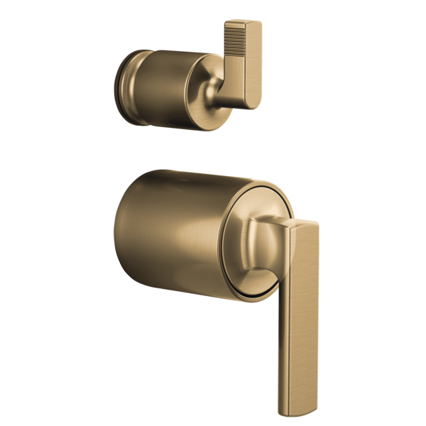 Brizo Kintsu pressure balance valve trim with cylindrical body and rectangular lever handle in brushed gold finish.
