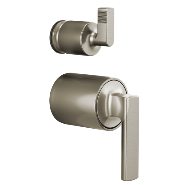 Brizo Kintsu brushed nickel pressure balance valve with rectangular lever handles and diverter trim.