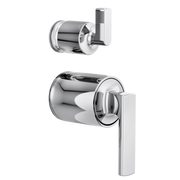 Brizo Kintsu chrome pressure balance valve trim with lever handle and integrated diverter shown in two angles.
