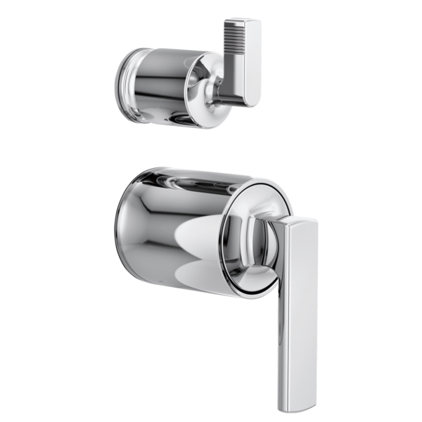Brizo Kintsu chrome pressure balance valve trim with lever handle and integrated diverter shown in two angles.