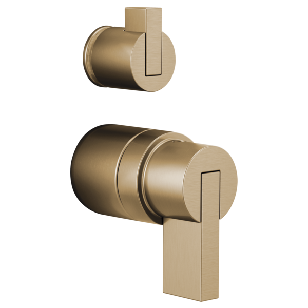 Brushed gold pressure balance valve with lever handles, shown in two angles.