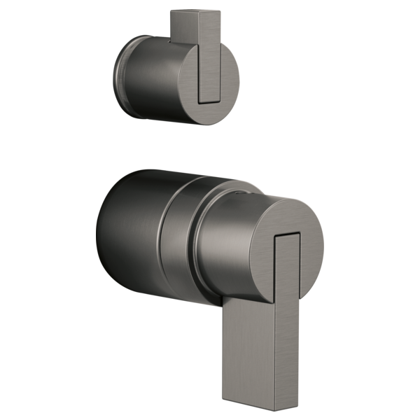 Gunmetal gray pressure balance valve with integrated diverter and rectangular lever handles in two sizes.