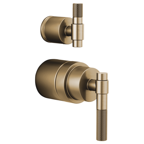 Brushed gold pressure balance valve trim with T-lever handles and integrated diverter in two configurations.