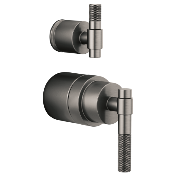 Brushed nickel pressure balance valve trim with T-lever handles and integrated diverter in two mounting configurations.