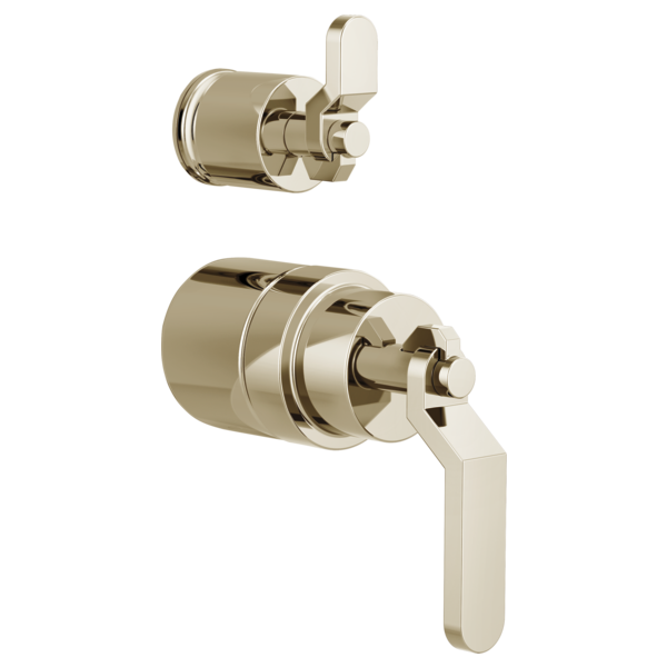 Polished nickel pressure balance valve trim with industrial lever handles and integrated diverter control for shower systems.