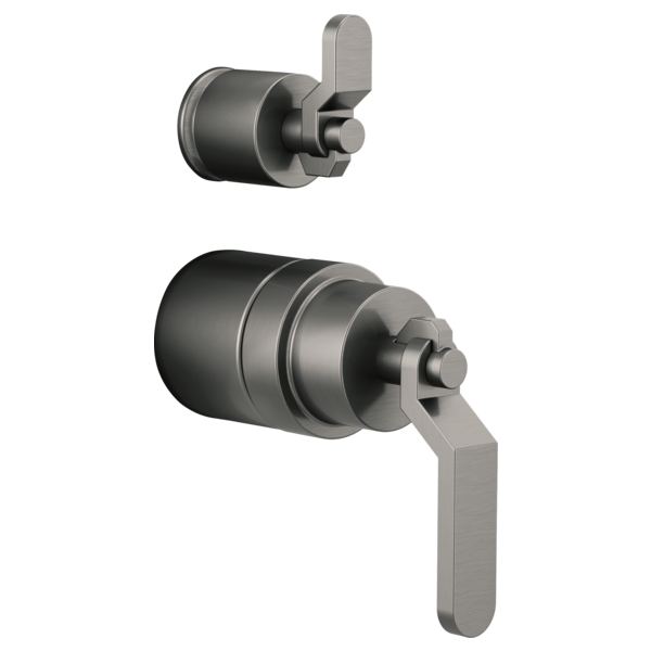 Gunmetal gray pressure balance valve trim with integrated diverter and industrial lever handles in two sizes.