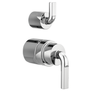 Chrome pressure balance valve with notch lever handles and integrated diverter trim in two components.