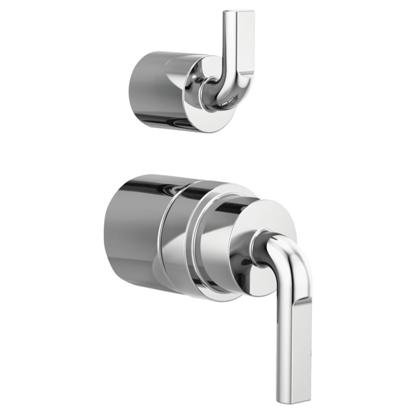 Chrome pressure balance valve with notch lever handles and integrated diverter trim in two components.